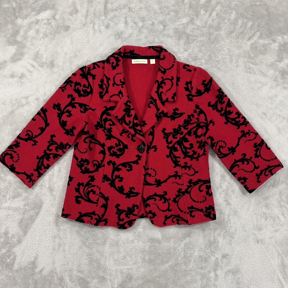 Coldwater Creek Blazer Womens Small Red Wool Flocked Velvet Velour Damask Jacket